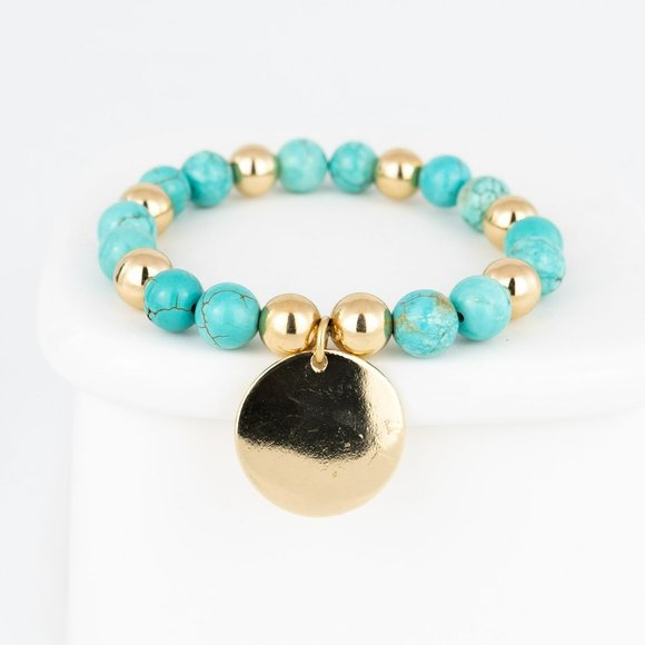 Nadine West Bracelet Stretch Dyed Howlite Turquoise Color Beaded Light Gold Tone - Picture 1 of 4